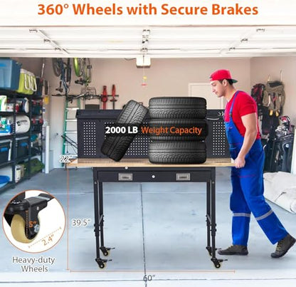 Workbench 60" x 22" Adjustable Height Worktable, Heavy Duty Rubber Wood Top, 2000 LBS Load Capacity, Tool Storage Workstation with Drawer, Pegboard, Power Outlets & Lockable Wheels, with Drawer Back