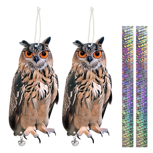 Fake Owl to Scare Pigeon Away from Balcony, 2PCS Flat Hanging Garden Owl, Pigeons Scare Devices with Reflective Tape, Plastic Owl to Keep Woodpecker Away from House Tree Outdoor Porch Patio Roof - color: Brown - 2PCS
