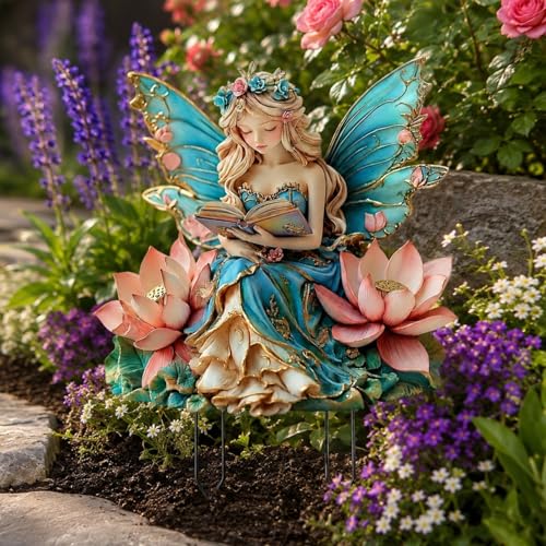 Outdoor Garden Stakes - 2D Lawn Ornaments for Outdoor Yard, Pathway & Landscape Patio, Gift for Gardening Lovers (Reading Fairy) - color: Reading Fairy
