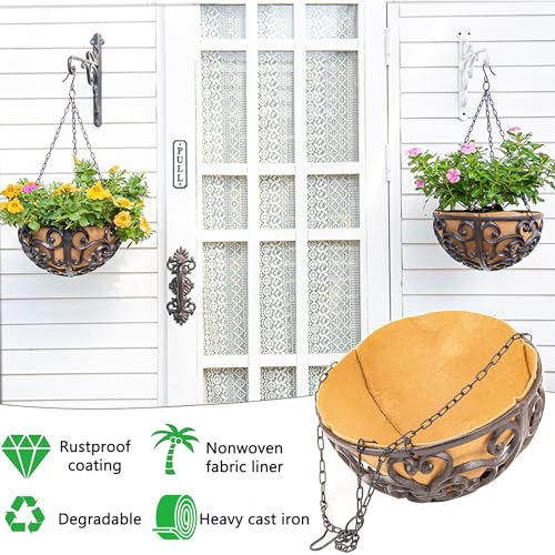 Sungmor 2PC 11" Dia. Cast Iron Hanging Baskets with Fabric Liner - Brown - color: Hanging Basket - Round