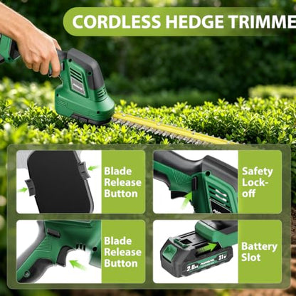 Cordless Hedge Trimmer 20V, 16" Shrub Trimmer & 6" Grass Shears, Electric Hedge Trimmer with 2 PCS Batteries & SK5 Blades for Garden, Bushes, Lawn