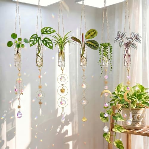 6 Pcs Plant Propagation Station Colorful Crystal Suncatcher, Handmade Boho Rooting Vase, Hanging Window Plant Propagator Stations Suncatcher with Chain Pendant Ornament Balls - style: Moon Star