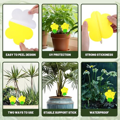 Qualirey 100 Pcs Fungus Gnat Sticky Traps Yellow Flower Shape for Plants