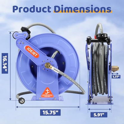 JOEJET Retractable Pressure Washer Hose Reel with Hose, 50 FT x 3/8"