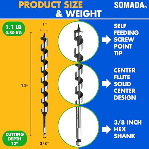 SOMADA 1 in x 14 in Auger Drill Bit, Quick Change Hex Shank, Wood - size: 1"x14" Silver