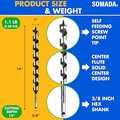 SOMADA 1 in x 14 in Auger Drill Bit, Quick Change Hex Shank, Wood - size: 1"x14" Silver