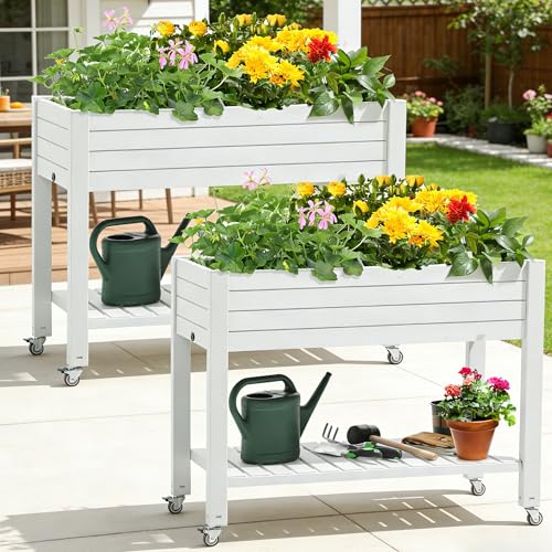 YITAHOME 43.3x17.7x34 in Elevated Garden Bed 2pcs, Outdoor Plastic Planter Box with Wheels, Legs, Drain Plug, and Storage Shelf for Plants, Vegetables, Flowers, Herbs, Grayish-White - color: White, size: 43.3x17.7x34 in