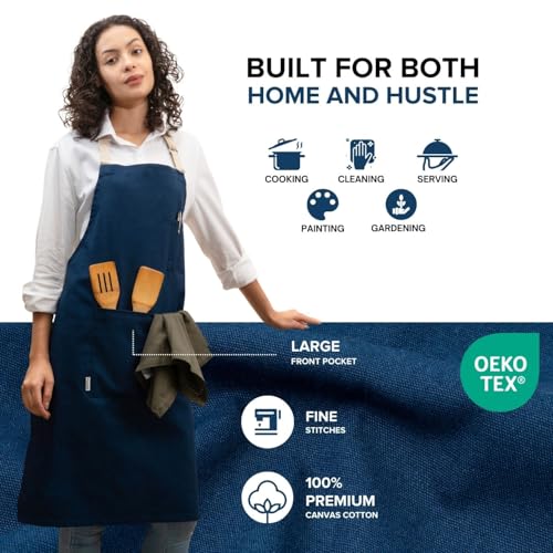 Cotton Canvas Apron for Women & Men – Adjustable Neck Strap & Waist Ties with Pockets - color: Blue