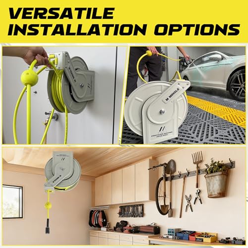 M MINGLE Retractable Pressure Washer Hose Reel, 1/4" × 60ft Power Washer Hose Reel, Auto Rewind Hose Reel, Wall/Floor Mounted, 3600 PSI - size: 60 FT