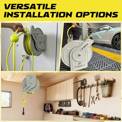 M MINGLE Retractable Pressure Washer Hose Reel, 1/4" × 60ft Power Washer Hose Reel, Auto Rewind Hose Reel, Wall/Floor Mounted, 3600 PSI - size: 60 FT
