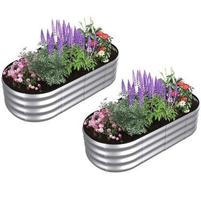 4x2x1 ft Oval Galvanized Metal Raised Garden Beds, Silver, 2PCS