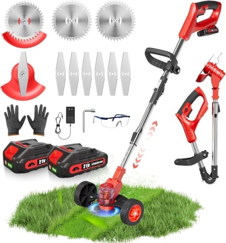 21V 2 in 1 Cordless String Trimmer and Edger, 12" Auto-Feed Electric Weed Wacker, Lightweight Weed Eater with 2 X 4Ah Batteries, Grass Cutter Lawn Tool with 2 Line Spools for Garden Yard
