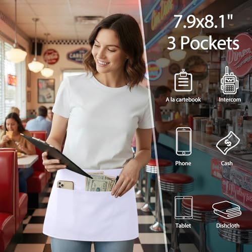BOHARERS Waist Apron with 3 Pockets 3 Pack - White Waitress Server Short Apron - color: 3 Pack White