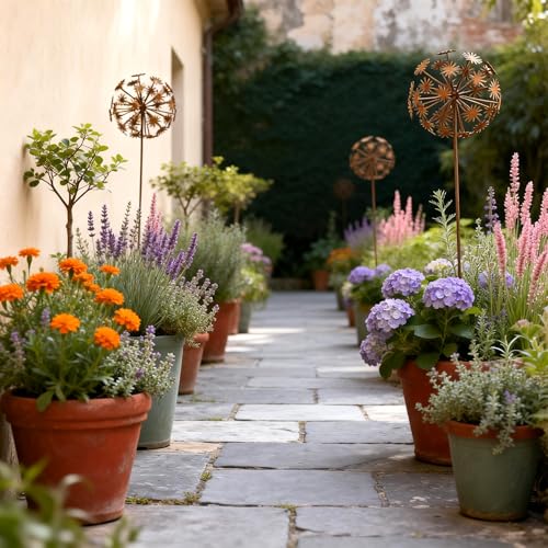 Rustic Dandelion Garden Stakes 2 Pack, 3D Rusty Metal Flowers Sculpture - color: Style 1