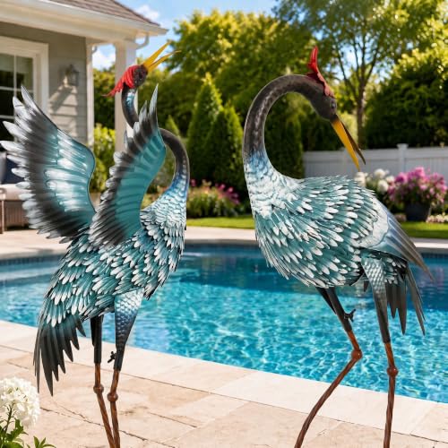 36.8" Metal Crane Statue, Blue Heron Decor Handcrafted - color: 36" - Gradient Sky Blue