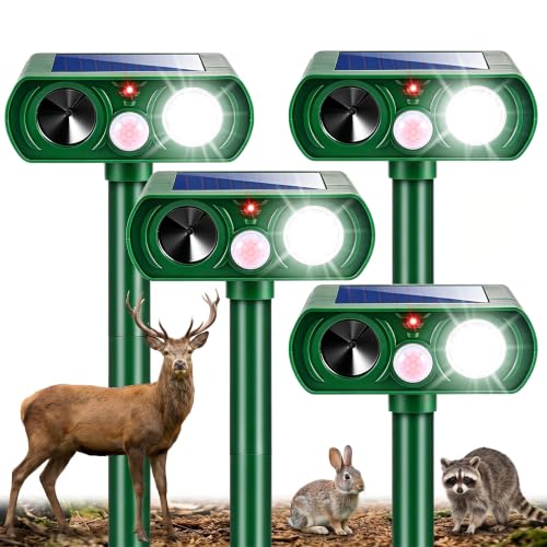 4Pack Ultrasonic Deer Repellent for Plants Solar Animal Repellent Outdoor with Motion Sensor Strobe Light for Rabbit Cat Deterrent Raccoon Squirrel Fortress Pro Keep Pests Out of Yard Farm