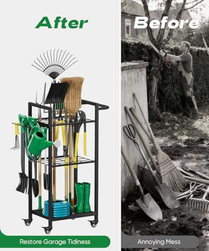 Garden Tool Organizer with Wheels, Yard Tower Rack, Black - color: black