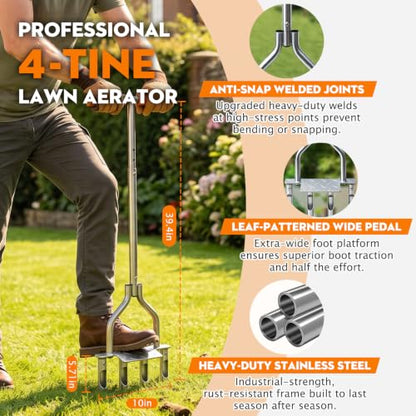 4-Tine Manual Core Lawn Aerator, 4-Inch Plug Aerator, Heavy-Duty Steel