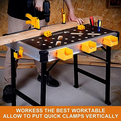 WORKESS Portable Workbench 1000Lbs Capacity Heavy Duty Folding Work Table with 2 Quick Clamps, 4 Bench Dogs, 3 Tool Boxes for Garage Easy Storage - style: Standard