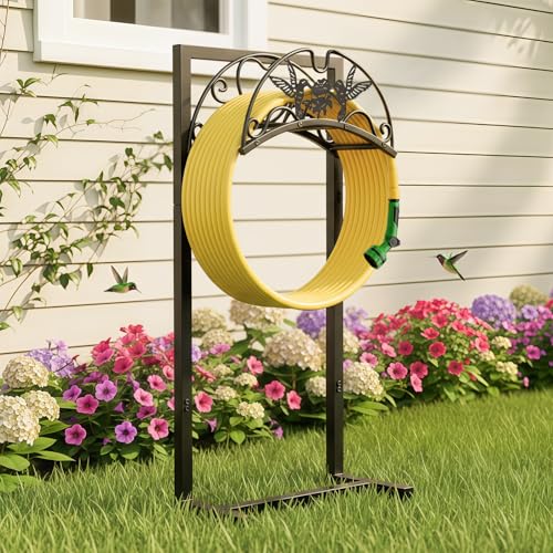 Garden Hose Holder - Upgraded Electrophoretic Coating Anti-Rust Graden Hose Storage Rack with Hummingbird Pattern Holds 150ft, Heavy Duty Garden Hose Hanger, Water Hose Holders for Outside Yard Lawn