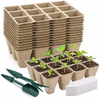 Prudiut 144 Cells Seed Starter Tray, 12 Pack Biodegradable Peat Pots Kit