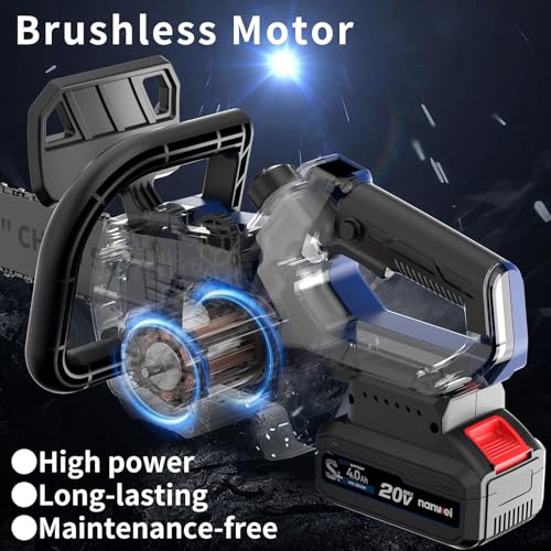NANWEI Battery Chainsaw 12 inch, Brushless Motor, 2 x4.0Ah Batteries and Charger, Auto Oiling, Tool-Less Adjustment, Battery Powered Chainsaw For Wood,Tree Cutting (With Batteries)