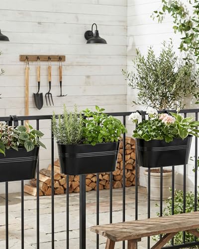 11 Inch Railing Planter Box, 5 Pack Metal Hanging Planters with Hooks - color: Black