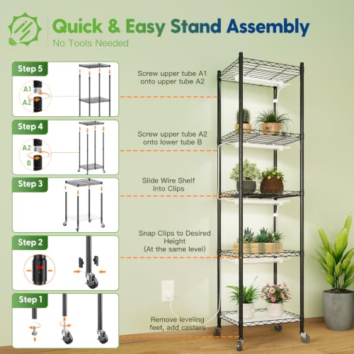 FREELICHT Plant Stand with Grow Light 5-Tier, 4×10W 5000K, 15.7x11.8x61.5IN - size: 15.7x11.8x61.5IN
