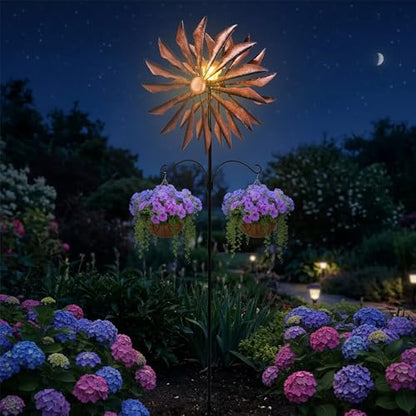 95 Inch Large Wind Spinner Outdoor Metal Garden Stake with Dual Hanging Hooks, Solar Powered Windmill Spinner for Yard & Patio, Heavy Duty Rustproof Kinetic Yard Art with Stable Ground Stake - color: Copper Blade