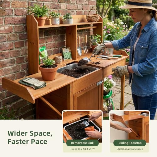 OOOK Potting Bench, Nordic Scots Pine Potting Table with Storage