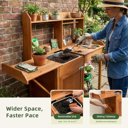 OOOK Potting Bench, Nordic Scots Pine Potting Table with Storage