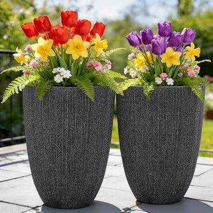 19" Black Concrete-Look Resin Tall Planters with Fluted Texture - color: 19"h-mediterranean Black