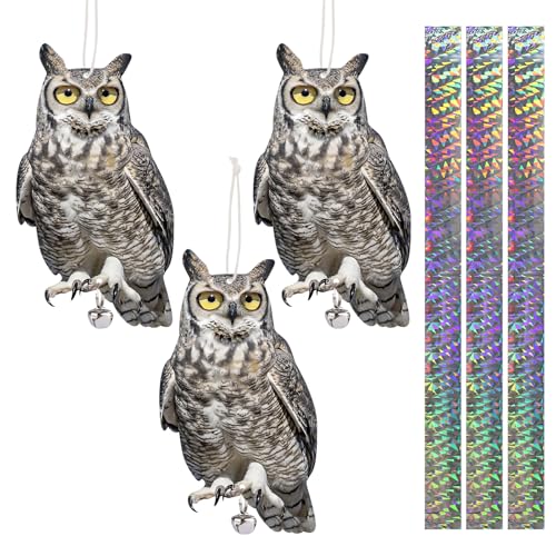 3PCS Reflective Plastic Owl Hanging Decoration Dual-Side Printed Raster Fake Eagle Garden Owl with Scare Tape for Garden Patio Windows - color: Gray Owl H1 3pcs, size: 3 Pcs