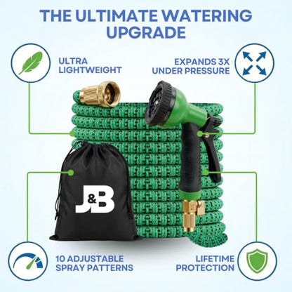 J&B XpandaHose 100ft Expandable Garden Hose, Lightweight, Brass Connectors - color: Green/Black, size: 100ft