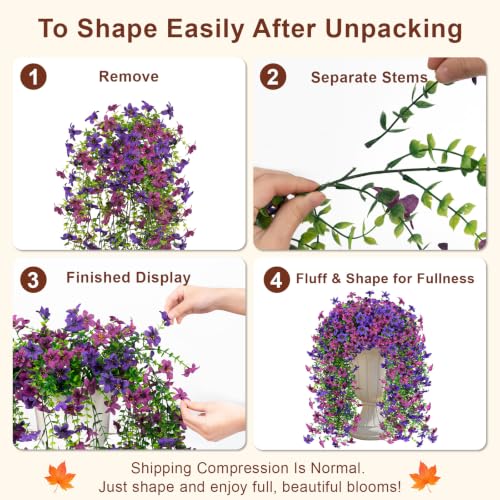 Artificial Hanging Flowers for Outdoors, 2 PCS 344-Bloom UV Resistant Mums - color: Double Purple