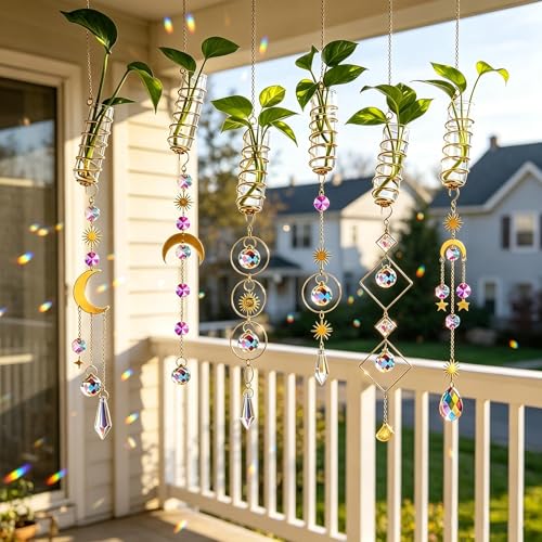 6Pcs Crystal Suncatchers with Propagation Stations Glass Wall Planters - color: Golden-6pcs