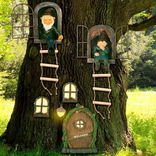 7 Pieces Garden Gnomes Outdoor Tree Hugger Gnome Fairy Statue Elf Out The Door Resin Figurine Hanging Ladder Decoration Tree Faces Decor Outdoor for Patio Yard Lawn