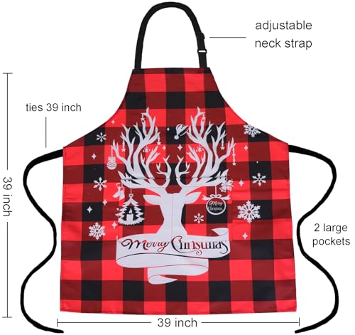 Plus Size Adjustable Bib Apron Water Resistant Canvas Extra Wide Long Ties Aprons with 2 Pockets Kitchen Cooking Gardening - color: Christmas Reindeer on Red-black Plaid