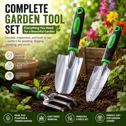 Bloomix Set of 3 Stainless Steel Gardening Tool Set – Hand Cultivator, Transplanter & Trowel with Soft-Grip Ergonomic Handles – Durable Garden Kit for Digging, Planting and Soil Care Green & Silver - color: Green & Silver