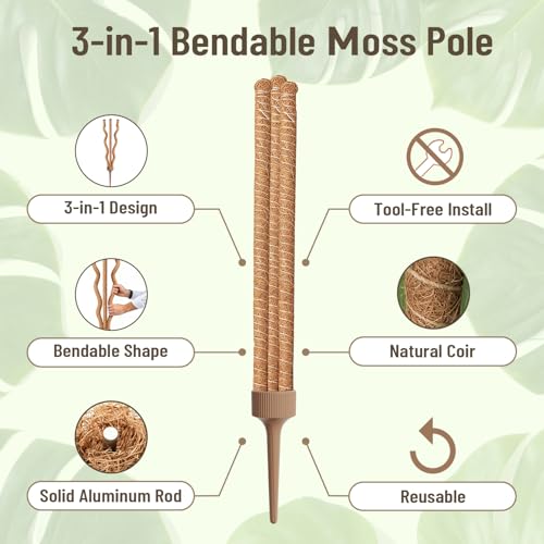 3-in-1 Moss Pole, Bendable 30IN Monstera Plant Support for Indoor-1 Pack - size: 30IN-1PACK