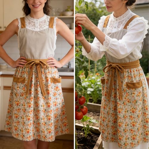 Pinafore Apron Dress for Women with Pockets Adjustable Floral Kitchen Apron - color: Beige