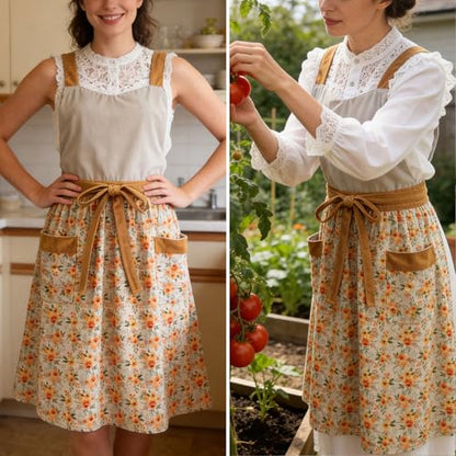 Pinafore Apron Dress for Women with Pockets Adjustable Floral Kitchen Apron - color: Beige