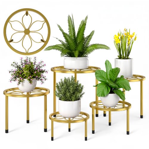 VECELO Metal Plant Stands Set of 5, Multiple Heavy Duty Flower Pot Stand, Round Plant Holder, Gold - color: Gold