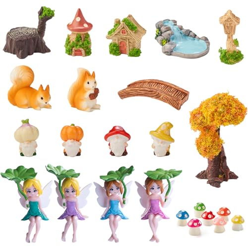 24Pcs Mini Fairy Garden Accessories DIY Kit - Miniature Gnomes & Tiny Fairies House Set, Resin Animals, Bridge, Mini Pond & Mushrooms Figurines for Terrarium Micro-Landscaping - color: Fairy Set