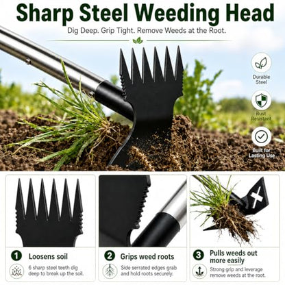 Weed Puller Tool with Long Handle, 61.4 Inch Stand Up Weeder Tool, 4-Claw Stainless Steel Weed Remover, No Bending Manual Dandelion Root Extractor for Lawn Garden Yard Patio