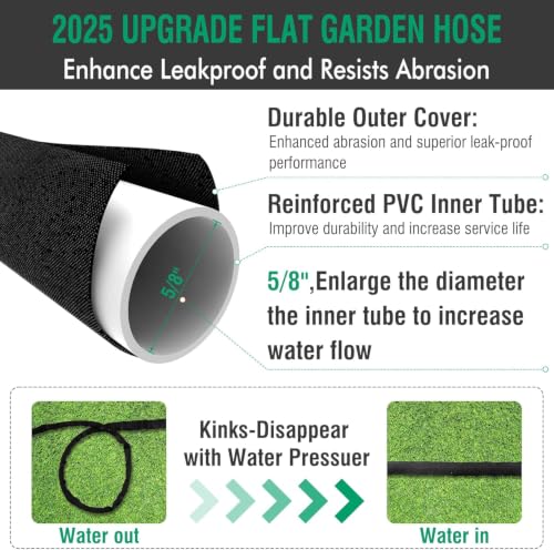 50FT Non-Expandable Flat Garden Hose with 10 Function Nozzle,No-Kink,Black - color: Black, size: 50FT