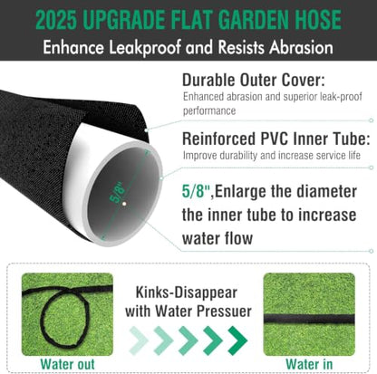 50FT Non-Expandable Flat Garden Hose with 10 Function Nozzle,No-Kink,Black - color: Black, size: 50FT