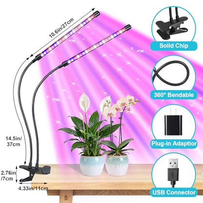 Indoor Plant Grow Light, Full Spectrum Clip Plant Lamp with Red, Blue, White Light, Plant Growing Light with Adjustable Gooseneck, 4/8/12/18H Timer, 10 Brightness Levels, 3 Lighting Modes, 2 Head - size: Red+Blue+White-2 Head 1Pack