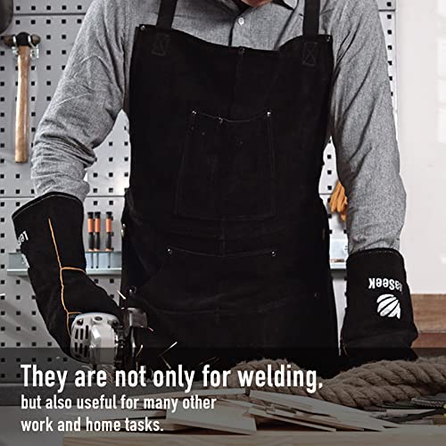 LeaSeek Leather Welding Apron, Heat & Flame-Resistant, 6 Pockets - color: Black - 24"x 36" With Gloves