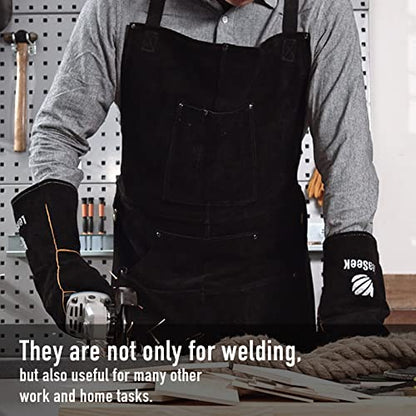 LeaSeek Leather Welding Apron, Heat & Flame-Resistant, 6 Pockets - color: Black - 24"x 36" With Gloves